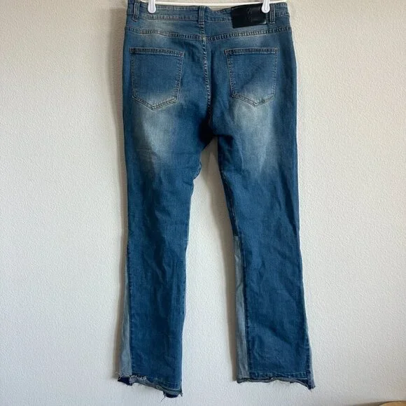 Blue Denim Patchwork Stretch Jeans Slim Fit Flared Pants - Picture 3 of 7